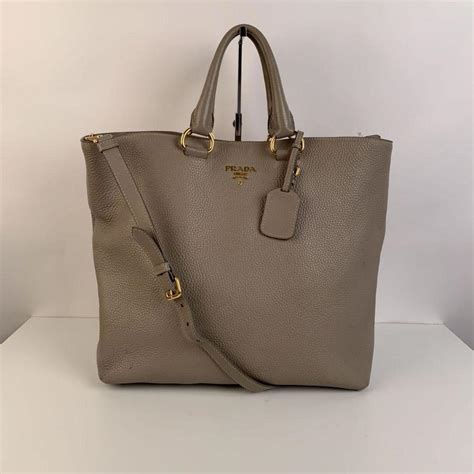 Prada Gray Vitello Daino Leather 2 Way Tote Shoulder Bag .